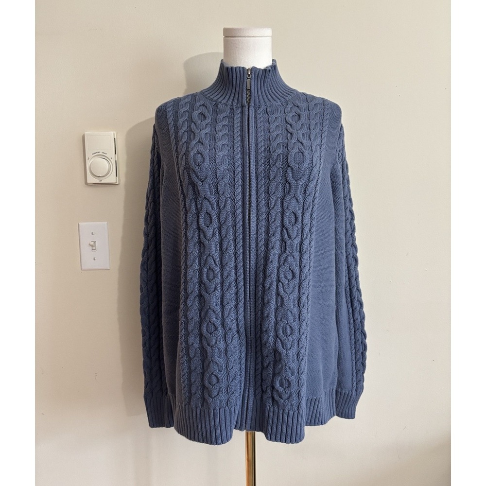LL Bean Womens XL Double L Cable Knit Cardigan Sweater Full Zip Fisherman Blue